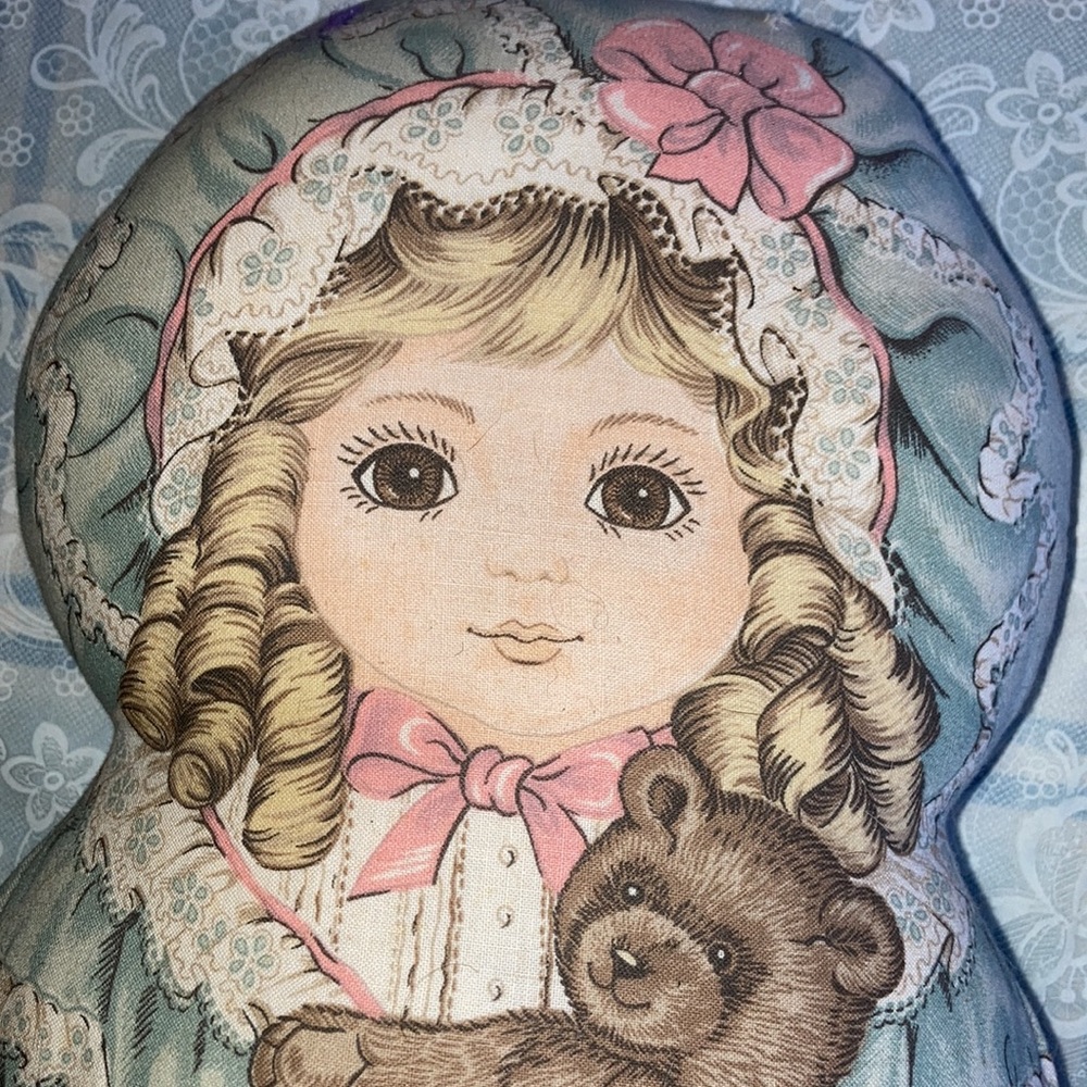 NO BRAND printed pillow 18” x 10”x 5” cute blond girl w/teddy bear toy $25